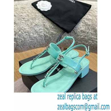 Chanel Chain Patent Calfskin Heel Thong Sandals G38200 Light Green 2022