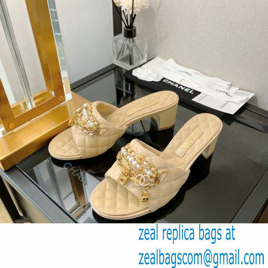 Chanel Heel 5cm Chain Lambskin and Jewelry Mules Beige 2022 - Click Image to Close