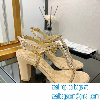 Chanel Heel 8.5cm Chain Lambskin and Jewelry Sandals Beige 2022