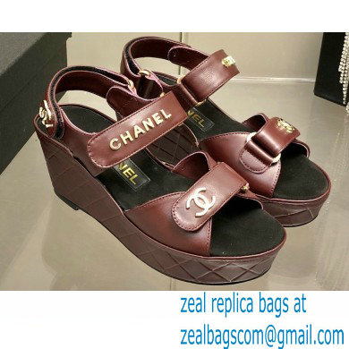 Chanel Logo Wedge Platform Sandals Burgundy 2022