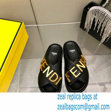 Fendi Fendigraphy Leather Slides Black 2022 - Click Image to Close