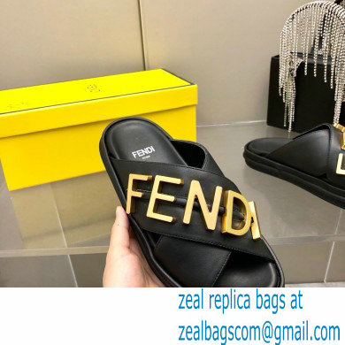 Fendi Fendigraphy Leather Slides Black 2022 - Click Image to Close