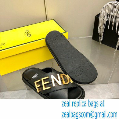 Fendi Fendigraphy Leather Slides Black 2022 - Click Image to Close