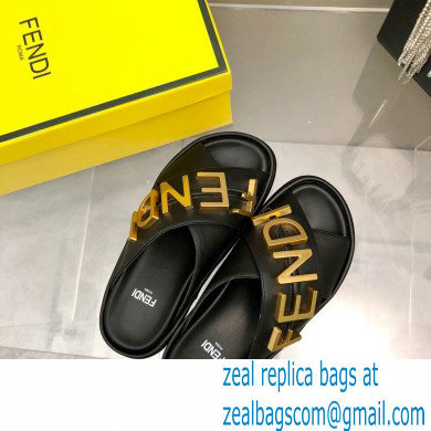 Fendi Fendigraphy Leather Slides Black 2022 - Click Image to Close