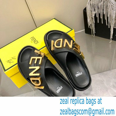 Fendi Fendigraphy Leather Slides Black 2022 - Click Image to Close