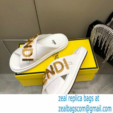 Fendi Fendigraphy Leather Slides White 2022 - Click Image to Close