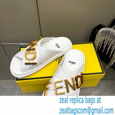 Fendi Fendigraphy Leather Slides White 2022 - Click Image to Close