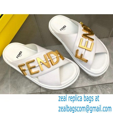 Fendi Fendigraphy Leather Slides White 2022 - Click Image to Close
