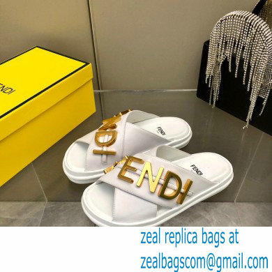 Fendi Fendigraphy Leather Slides White 2022 - Click Image to Close