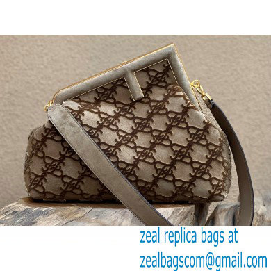 Fendi First Medium Suede Bag Gray with Karligraphy Embroidery 2022