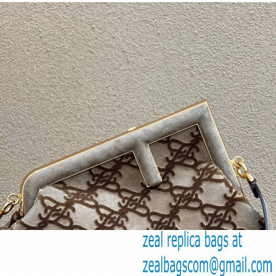 Fendi First Medium Suede Bag Gray with Karligraphy Embroidery 2022