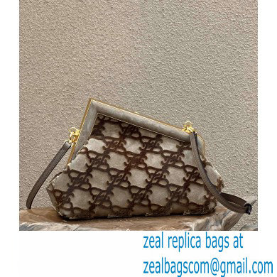 Fendi First Small Suede Bag Gray with Karligraphy Embroidery 2022