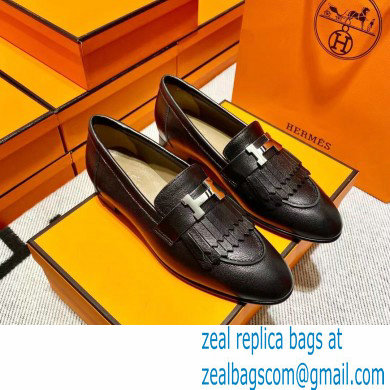 Hermes Leather royal Loafers with fringe Black - Click Image to Close