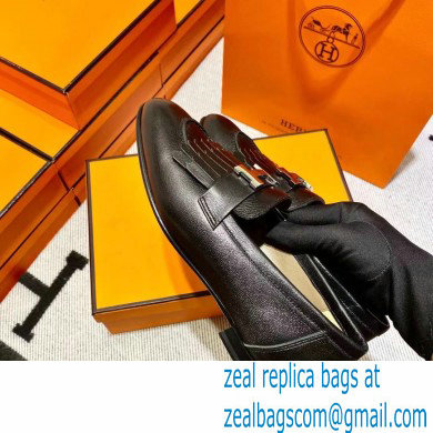 Hermes Leather royal Loafers with fringe Black - Click Image to Close