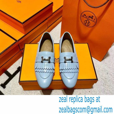 Hermes Leather royal Loafers with fringe Blue - Click Image to Close