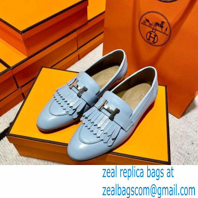 Hermes Leather royal Loafers with fringe Blue - Click Image to Close