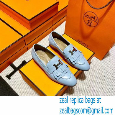 Hermes Leather royal Loafers with fringe Blue - Click Image to Close