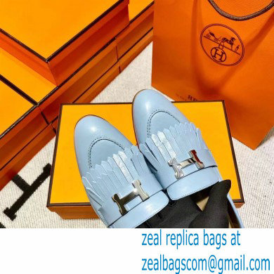 Hermes Leather royal Loafers with fringe Blue - Click Image to Close