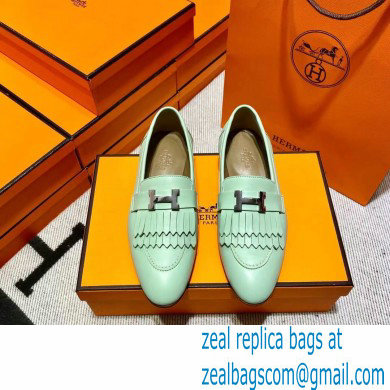 Hermes Leather royal Loafers with fringe mint green