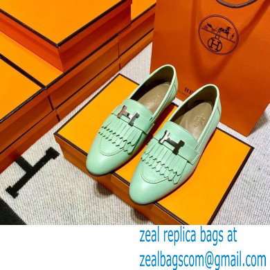 Hermes Leather royal Loafers with fringe mint green