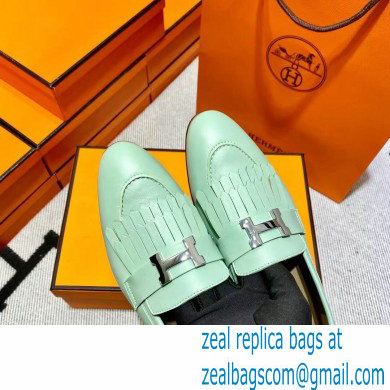 Hermes Leather royal Loafers with fringe mint green - Click Image to Close