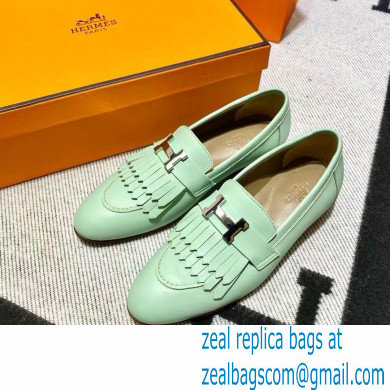 Hermes Leather royal Loafers with fringe mint green