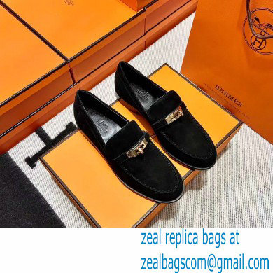 Hermes suede Leather kelly Loafers BLACK