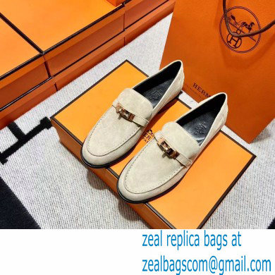 Hermes suede Leather kelly Loafers off white