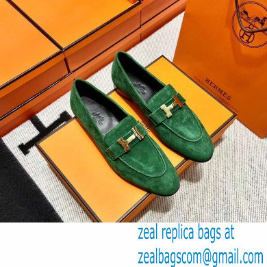 Hermes suede Leather royal Loafers green