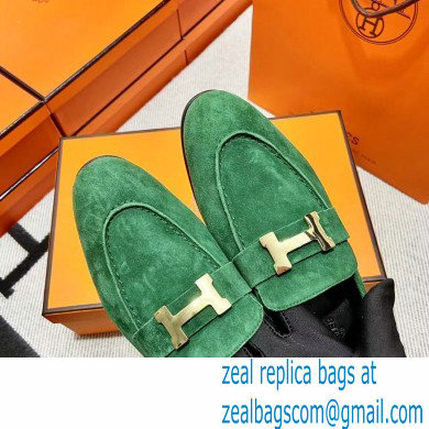 Hermes suede Leather royal Loafers green - Click Image to Close