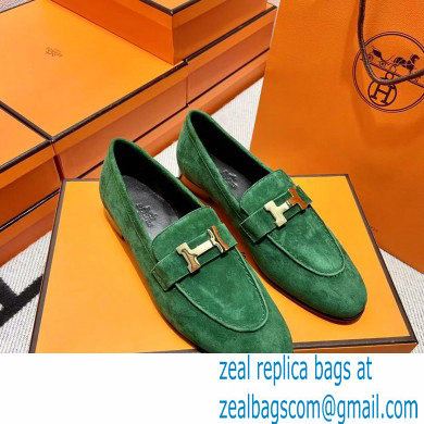 Hermes suede Leather royal Loafers green