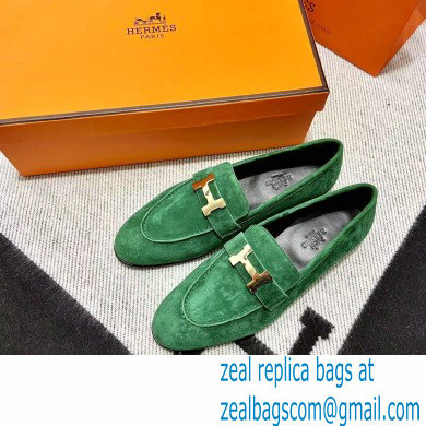 Hermes suede Leather royal Loafers green