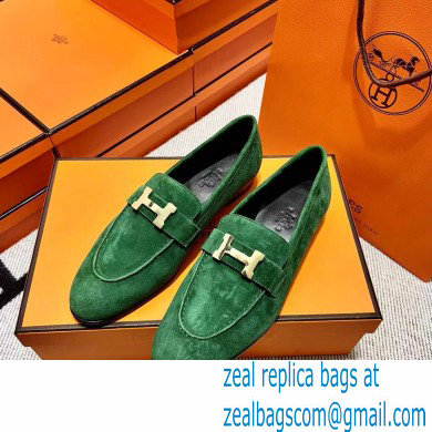 Hermes suede Leather royal Loafers green
