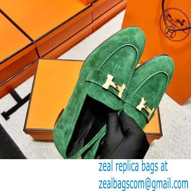 Hermes suede Leather royal Loafers green - Click Image to Close
