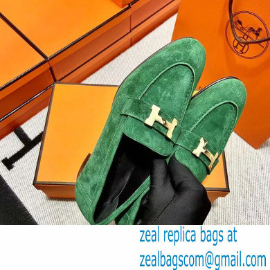 Hermes suede Leather royal Loafers green