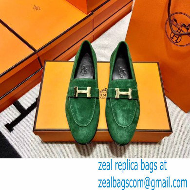 Hermes suede Leather royal Loafers green
