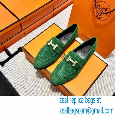 Hermes suede Leather royal Loafers green