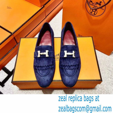 Hermes suede Leather royal Loafers with fringe Blue - Click Image to Close