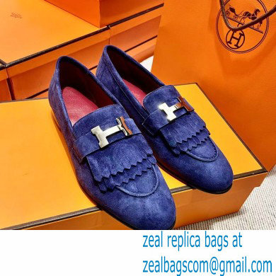 Hermes suede Leather royal Loafers with fringe Blue - Click Image to Close