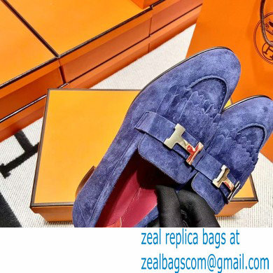 Hermes suede Leather royal Loafers with fringe Blue - Click Image to Close