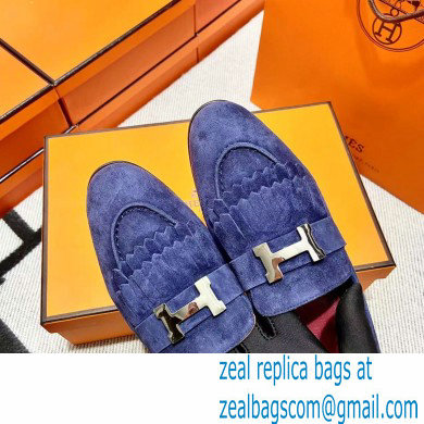 Hermes suede Leather royal Loafers with fringe Blue - Click Image to Close