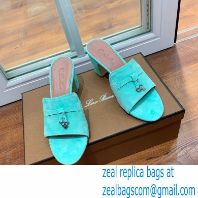 Loro Piana Heel 8cm Suede Goatskin Summer Charms Sandals Turquoise Green