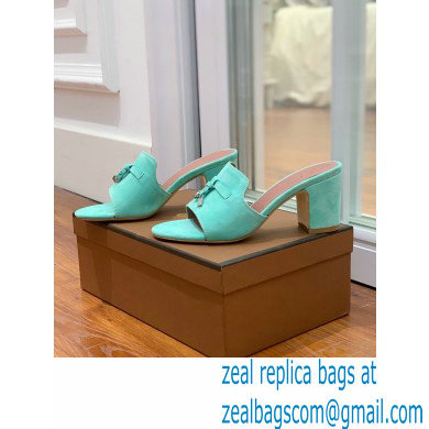 Loro Piana Heel 8cm Suede Goatskin Summer Charms Sandals Turquoise Green - Click Image to Close