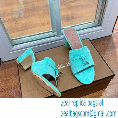 Loro Piana Heel 8cm Suede Goatskin Summer Charms Sandals Turquoise Green