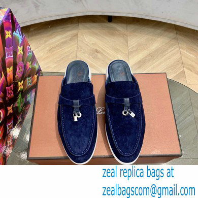 Loro Piana Suede Calfskin Babouche Charms Walk Loafers Dark Blue - Click Image to Close