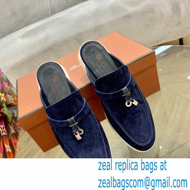 Loro Piana Suede Calfskin Babouche Charms Walk Loafers Dark Blue