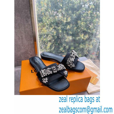 Louis Vuitton Crystal Bow Diva Flat Mules Embroidered Satin Black 2022