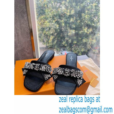 Louis Vuitton Crystal Bow Diva Flat Mules Embroidered Satin Black 2022