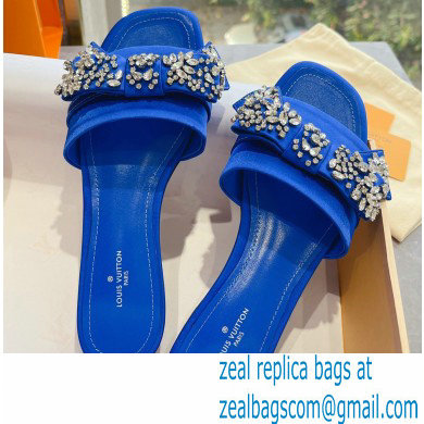 Louis Vuitton Crystal Bow Diva Flat Mules Embroidered Satin Blue 2022