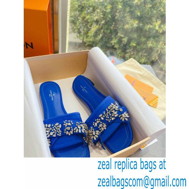Louis Vuitton Crystal Bow Diva Flat Mules Embroidered Satin Blue 2022